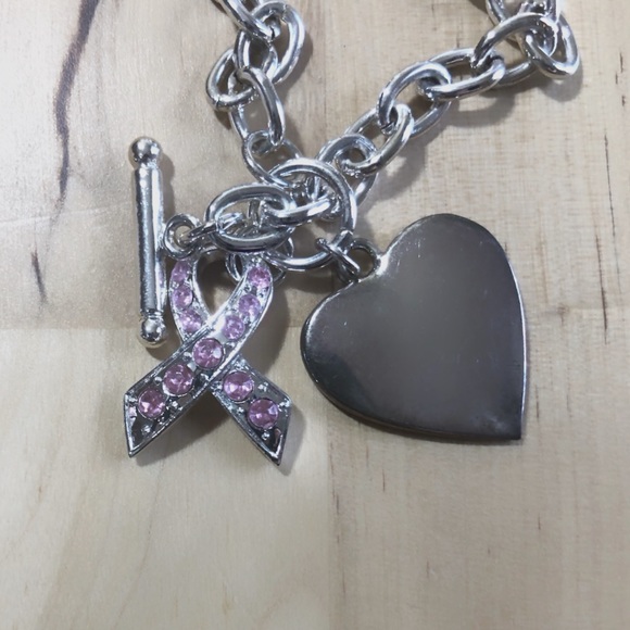 Unbranded Jewelry - Rhinestone Breast Cancer Awareness Ribbon Heart Charm Silver Tone Link Bracelet
